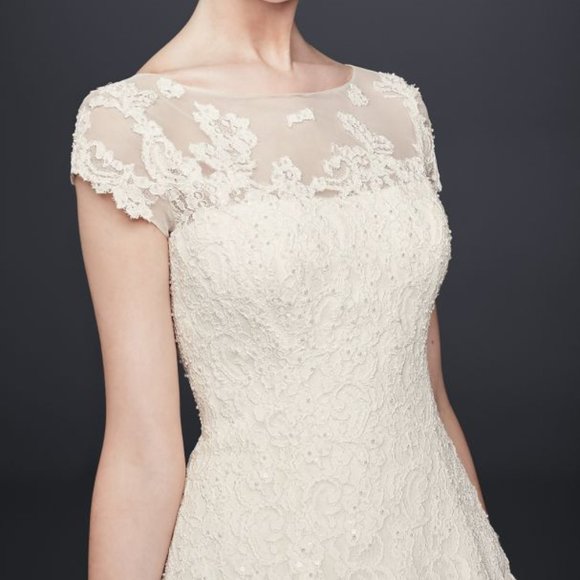 Oleg Cassini cap sleeve illusion wedding dress STYLE# CMK513 - Picture 1 of 11